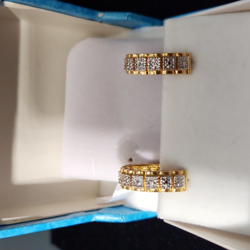Goldtone Overlay Hoop Earrings with 7 Squares of CZ Chips